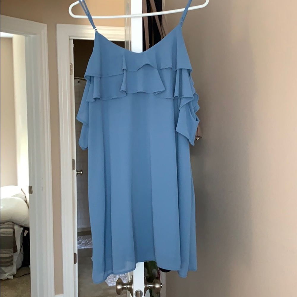 Women’s Blue Ruffle, Open Shoulder Mini Dress